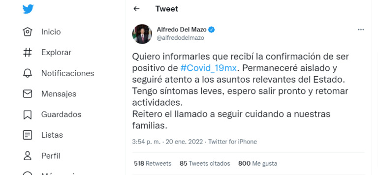 #ÚltimoMomento. El gobernador Mexiquense Alfredo Del Mazo da positivo a #Covid_19