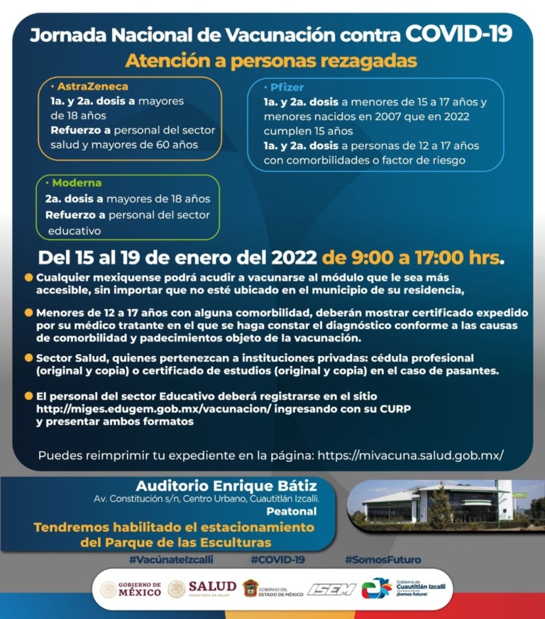 Vacunación de rezagados en Cuautitlán Izcalli será del 15 al 19 de enero