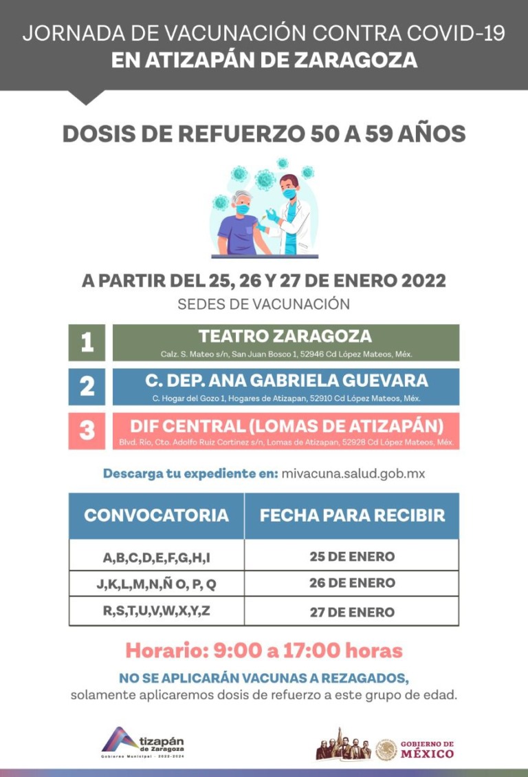 Anuncian vacunación Covid de refuerzo para personas de 50 a 59 en Atizapán de Zaragoza