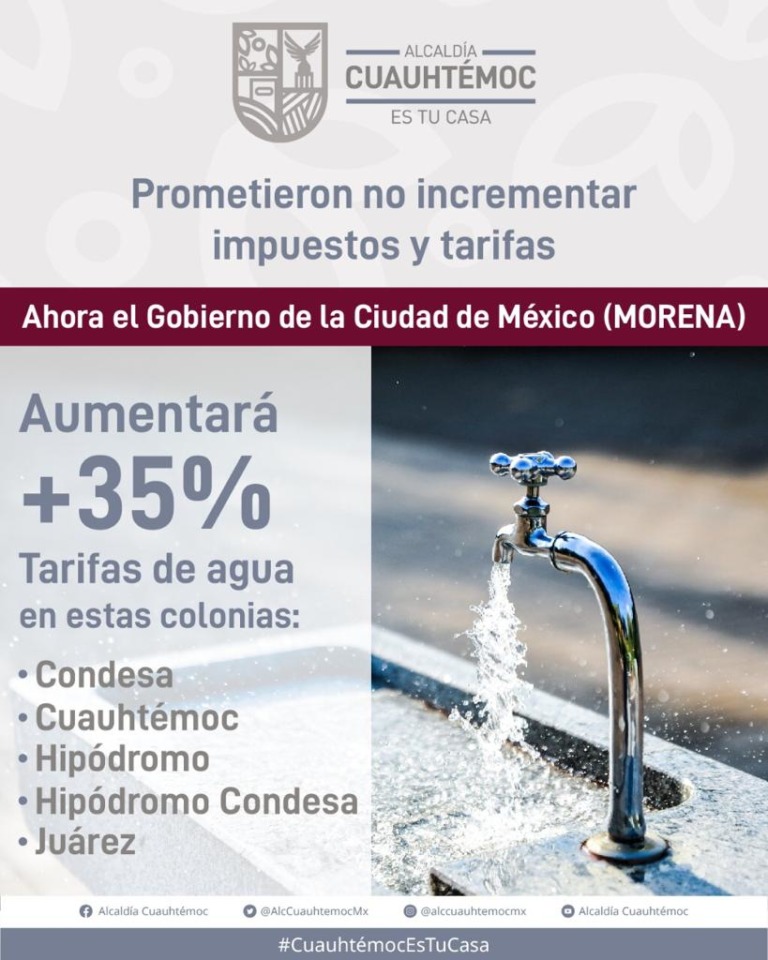NUEVAS TARIFAS AL SERVICIO DE AGUA AFECTARÁ A MÁS DE 53 MIL HABITANTES DE 5 COLONIAS DE LA ALCALDÍA CUAUHTÉMOC: SANDRA CUEVAS