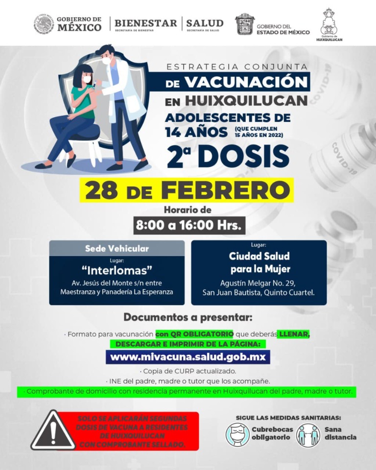 APLICARÁN SEGUNDAS DOSIS CONTRA COVID-19 A ADOLESCENTES DE 14 AÑOS QUE VIVAN EN HUIXQUILUCAN