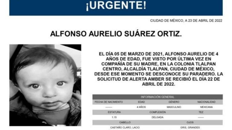 Alerta Amber para localizar a Alfonso Aurelio Suárez Ortiz de 4 años de edad