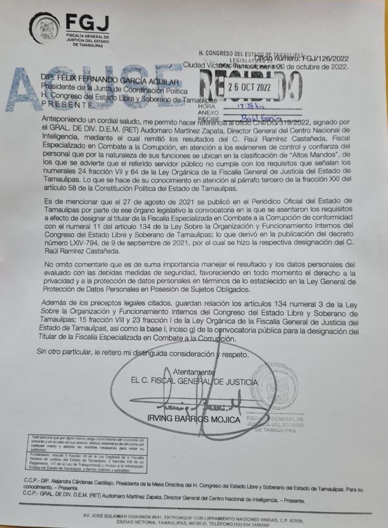 Pide Irving Barrios renuncia del Fiscal Anticorrupción por reprobar examen de confianza