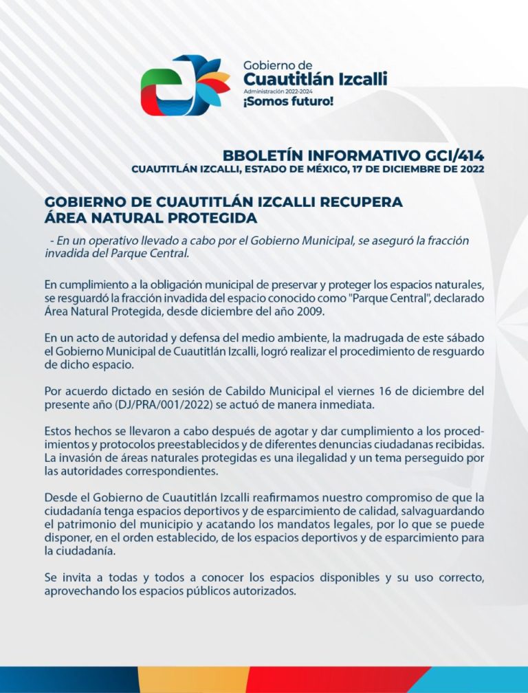 GOBIERNO DE CUAUTITLÁN IZCALLI RECUPERA ÁREA NATURAL PROTEGIDA