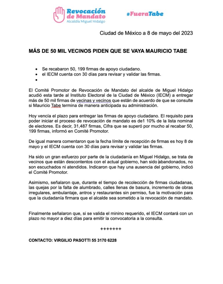 MÁS DE 50 MIL VECINOS PIDEN QUE SE VAYA MAURICIO TABE