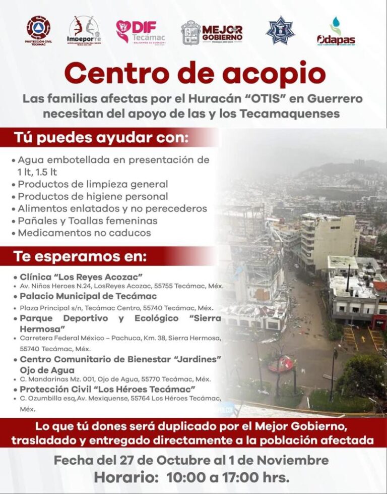 Instala Gobierno de Tecámac Cinco Centros de Acopio en Apoyo a los Damnificados del Huracán Otis