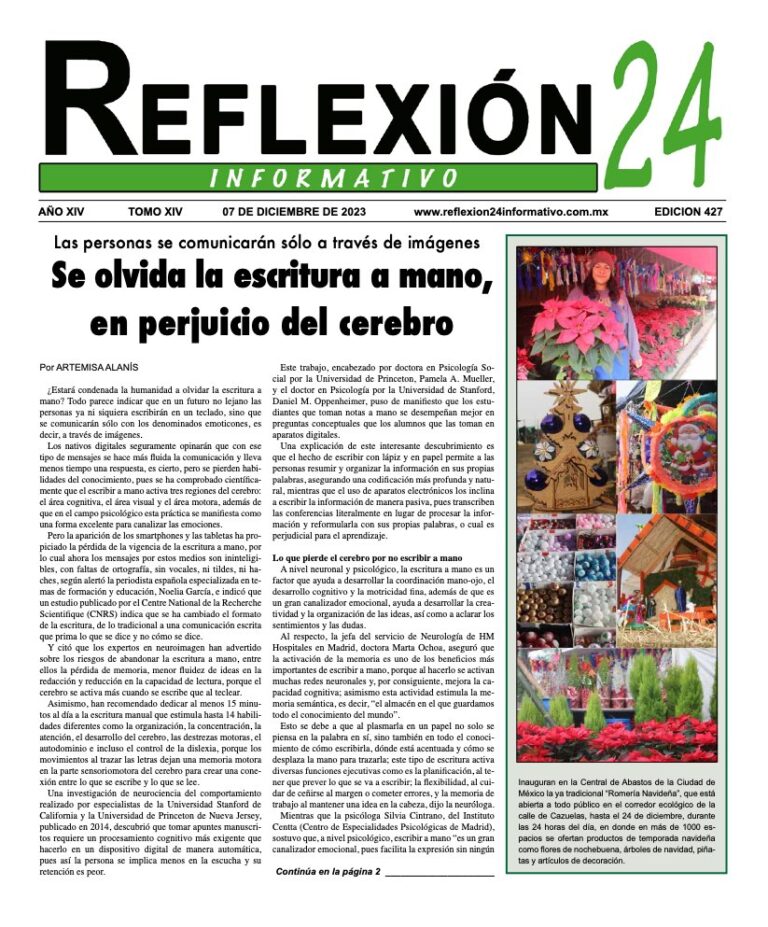 Reflexión 24 No 427 | Se olvida la escritura a mano, en perjuicio del cerebro