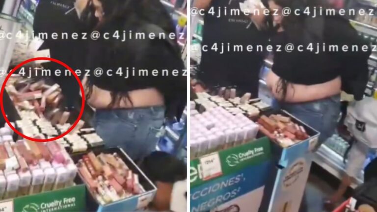 Mujer roba maquillaje y lo oculta con su panza