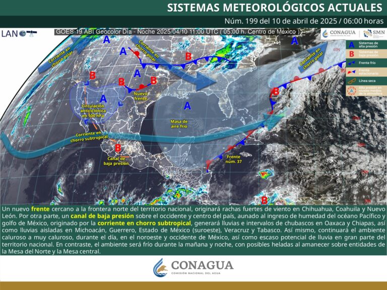 Continúa el frente frío en México; estados afectados con lluvias y rachas fuertes de viento