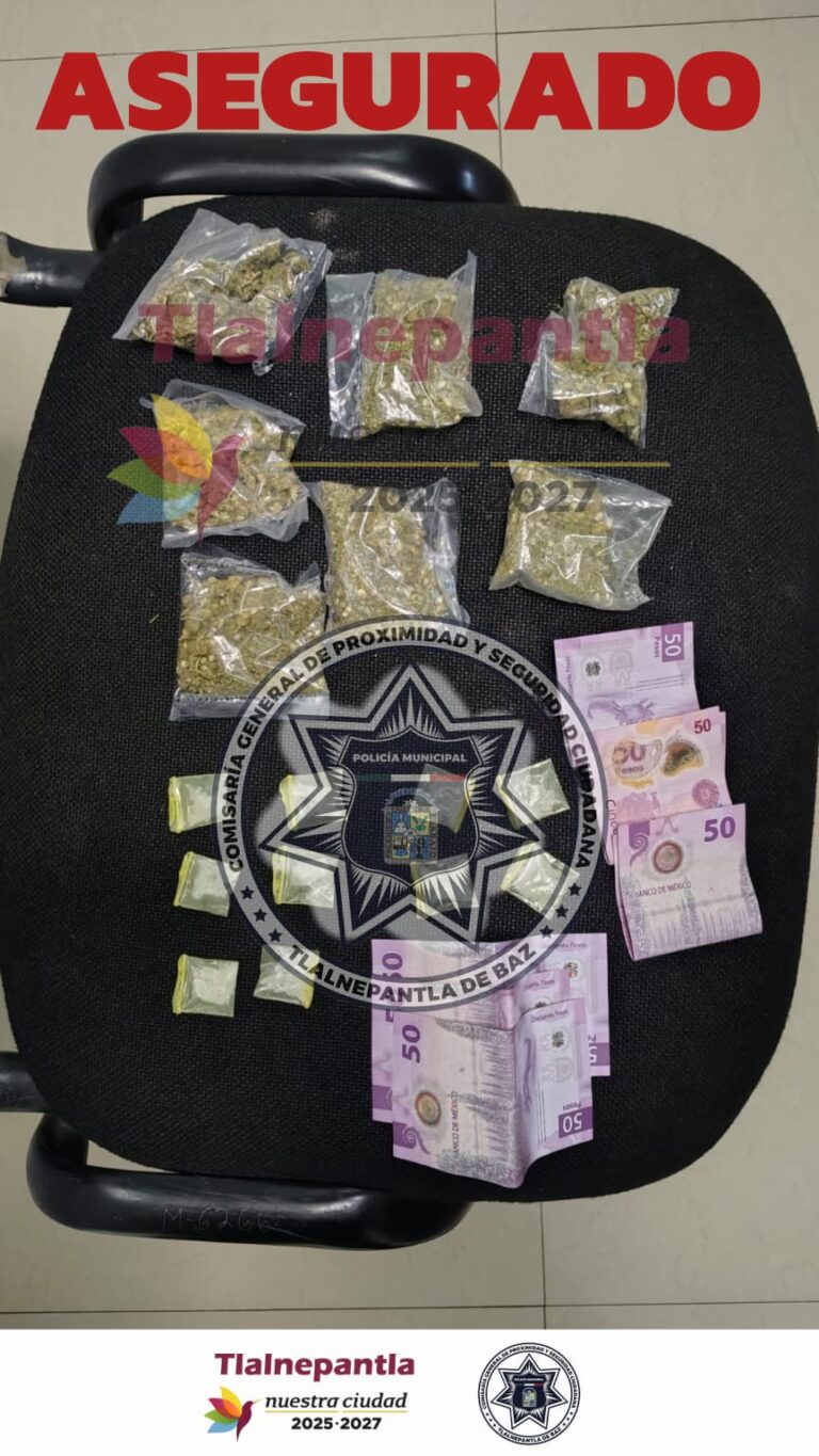 Detienen en Tlalnepantla a dos presuntos narcomenudistas con más de 100 dosis de droga