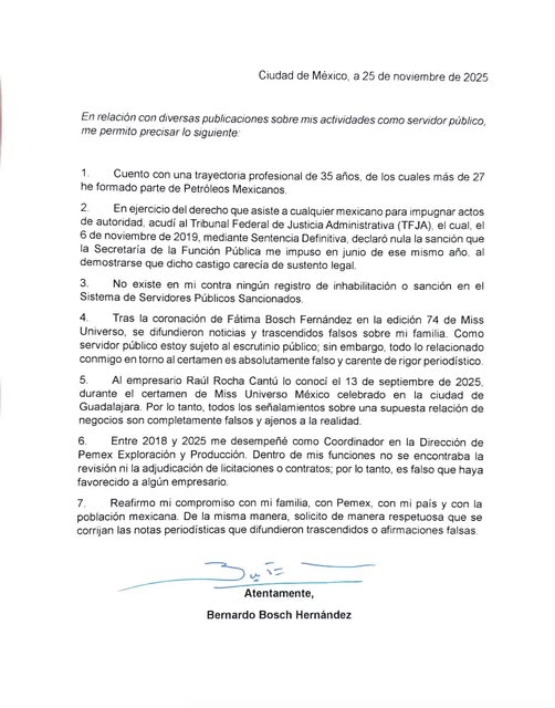 Bernardo Bosch desmiente sanciones y vínculos con empresarios tras polémica por Miss Universo