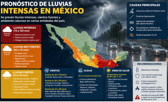 Pronostican lluvias intensas en Veracruz, Oaxaca y Chiapas; autoridades alertan por inundaciones, vientos fuertes y onda de calor en el país