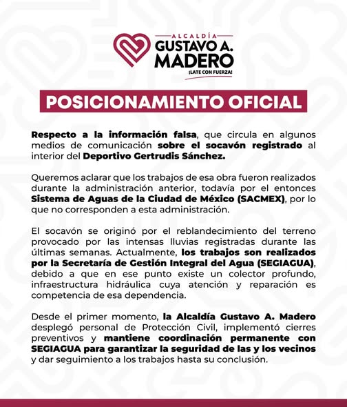 Socavón en Deportivo Gertrudis Sánchez fue provocado por lluvias y ya es atendido por SEGIAGUA: GAM