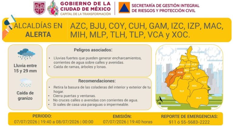 Activan Alerta Naranja por lluvias fuertes en Álvaro Obregón y Cuajimalpa; 14 alcaldías permanecen en Alerta Amarilla