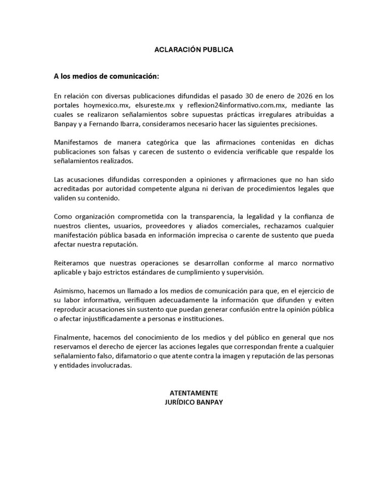 Aclaración de Banpay respecto a publicación de Reflexión 24 Informativo