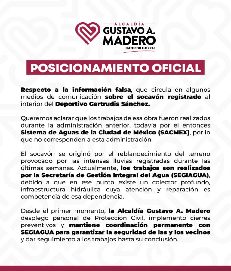 Socavón en Deportivo Gertrudis Sánchez fue provocado por lluvias y ya es atendido por SEGIAGUA: GAM Socavón en Deportivo Gertrudis Sánchez fue provocado por lluvias y ya es atendido por SEGIAGUA: GAM