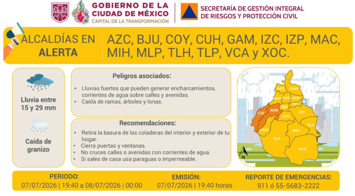 Activan Alerta Naranja por lluvias fuertes en Álvaro Obregón y Cuajimalpa; 14 alcaldías permanecen en Alerta Amarilla