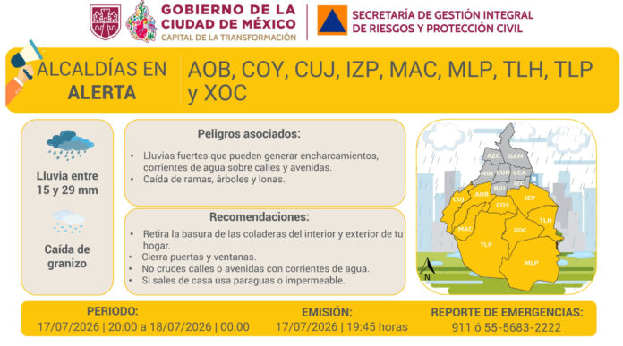 Activan Alerta Amarilla por lluvias fuertes y posible caída de granizo en nueve alcaldías de la CDMX