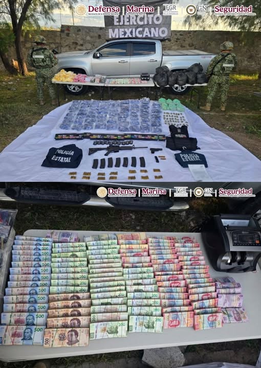 Aseguran armas, droga y más de 2 millones de pesos en Peñón Blanco, Durango