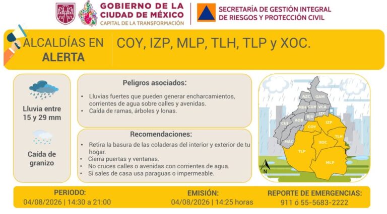 Activan Alerta Amarilla por lluvias fuertes y posible granizo en seis alcaldías de la CDMX