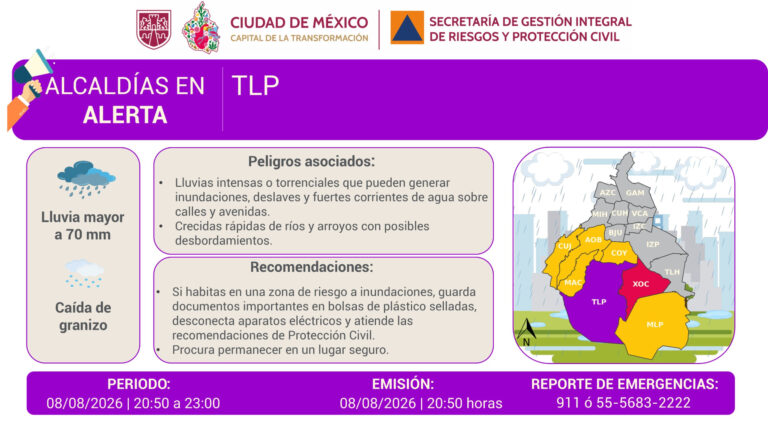 CDMX activa Alerta Púrpura en Tlalpan y mantiene Alerta Roja en Xochimilco por lluvias intensas