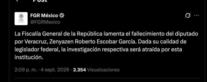 FGE y FGR investigarán muerte del diputado Zenyazen Escobar en Veracruz