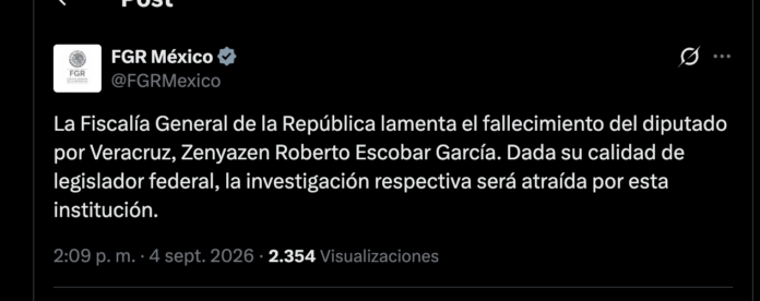FGE y FGR investigarán muerte del diputado Zenyazen Escobar en Veracruz