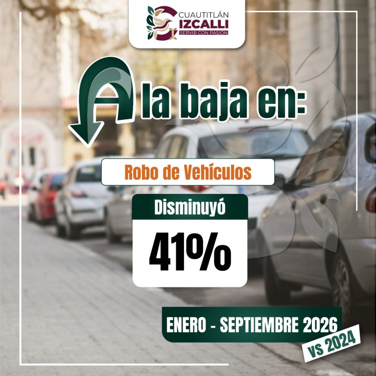Robo de vehículos cae 41% en Cuautitlán Izcalli; registran 425 casos menos que en 2024