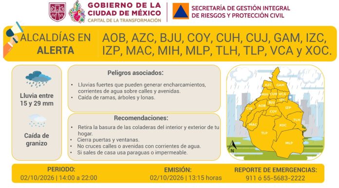 Activan Alerta Amarilla en toda la CDMX por lluvias fuertes y posible granizo