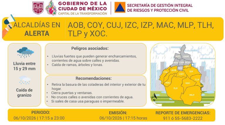 Actualizan Alerta Amarilla por lluvias fuertes y granizo en 10 alcaldías de CDMX